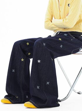 美式高街星星刺绣牛仔裤女男春季潮牌宽松休闲裤直筒显瘦微喇叭裤