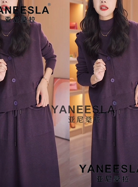 2024秋冬新款轻奢高级感马甲两件套针织洋装配大衣中长版打底裙