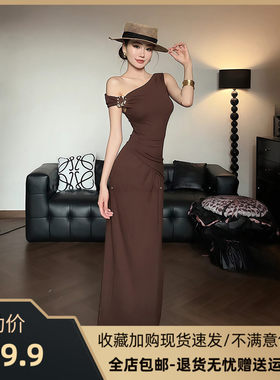覆古气质褶皱收腰斜肩露肩洋装女夏季新款修身显瘦长裙子包臀裙