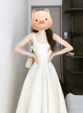 白色吊带洋装子女夏季2025新款法式高级感小个子收腰小白裙长裙