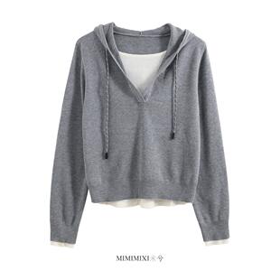 MIMIMIXI 连帽假两件针织卫衣女2025秋季新款百搭宽松套头衫上衣