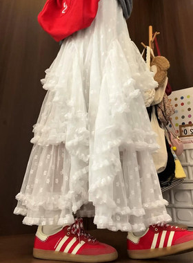 白色蕾丝蛋糕裙女中长版春夏2025新款高腰显瘦a字裙小个子半身裙