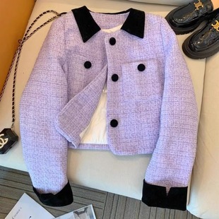 法式 名媛高级粗花呢翻领气质短上衣 紫色小香风外套女2025春季 新款