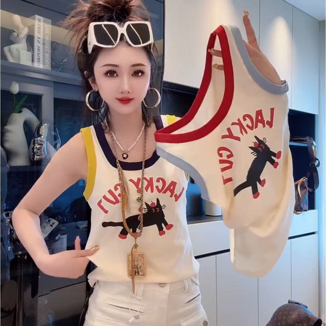 纯棉卡通猫咪印花撞色设计感吊带背心女欧货夏季新款洋气无袖上衣