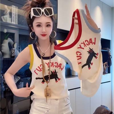 纯棉卡通猫咪印花撞色设计感吊带背心女欧货夏季新款洋气无袖上衣