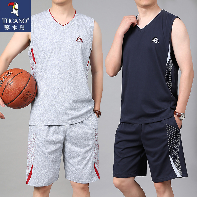 啄木鸟大码运动套装男士夏季休闲无袖背心直筒五分短款健身篮球服