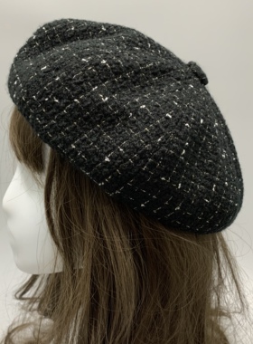 秋冬格纹小香风贝雷帽黑色复古法式日系时尚优雅显气质八角蓓蕾帽