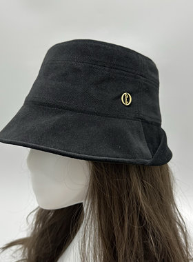新款不规则斜边字母标渔夫帽子女秋季简约时尚休闲盆帽斜阳帽黑色