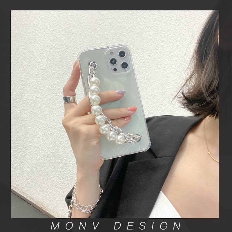透明珍珠链条适用苹果iphone14promax手机壳女神欧美13保护壳8x15双层珍珠套手防摔保护套