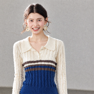 韩系学院风POLO领拼色条纹针织衫女款修身显瘦Polo领短款毛衣穿搭
