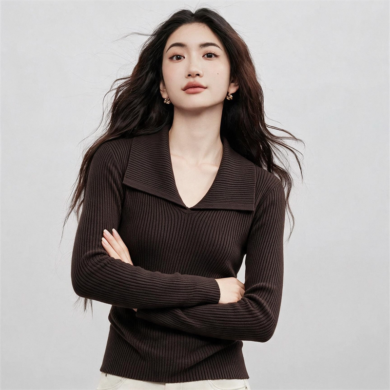 高智姐感穿搭V领坑条针织衫女轻熟优雅风长袖修身显瘦百搭上衣潮