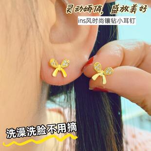 高端款越南沙金女黄铜镀金耳钉微钻蝴蝶结爱心兔头耳饰品久不掉色