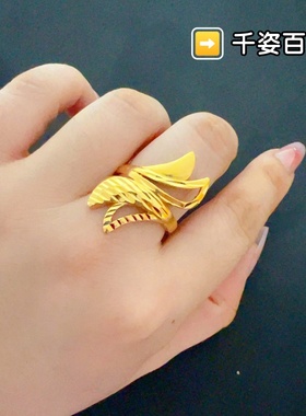 久不褪色欧美食指女大戒指黄铜镀黄金色戒指沙金富婆大气活扣指环