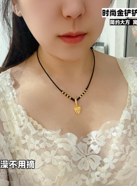 新款金铲子吊坠黑绳编织女士项链铜合金镀金项链越南沙金复古锁骨