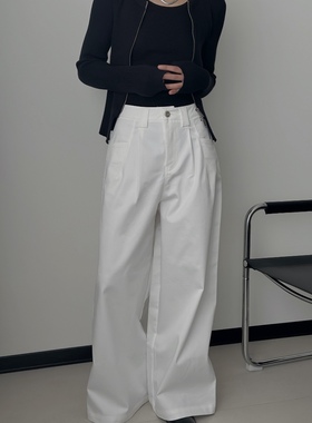 AIRROOM 白色西装阔腿裤女2025新款高腰休闲高级感垂感直筒西裤