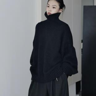AIRROOM黑色系bi备纯色慵懒绵羊毛外穿大毛衣极简保暖针织上衣冬