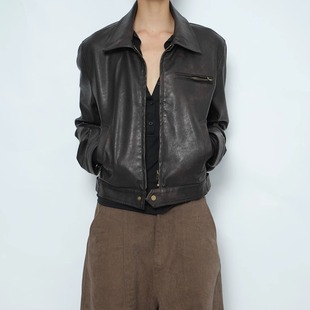 AIRROOM美式复古翻领擦色做旧PU皮衣女机车正肩短款夹克外套上衣