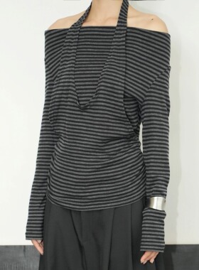 AIRROOM设计感条纹荡领挂脖黑灰一字肩收腰假两件上衣短袖T恤女