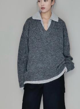AIRROOM复古灰色基础款polo翻领假两件撞色大版休闲高级感毛衣厚