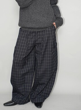 AIRROOM蓝色格纹加绒复古抽绳百搭慵懒时髦设计感口袋长裤休闲裤