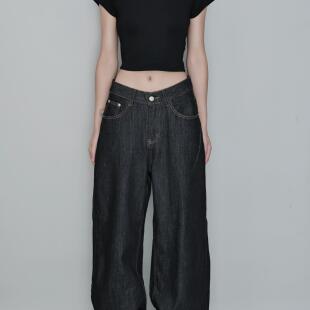 AIRROOM原色做旧水洗复古阔腿休闲百搭牛仔直筒裤 男女水洗黑新款