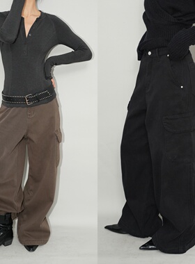 AIRROOM街头显瘦加绒复古百搭工装阔腿设计感慵懒牛仔裤