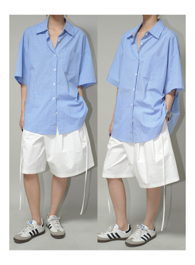 AIRROOM复古翻领衬衣清爽日系文艺条纹男女经典蓝色通勤短袖上衣