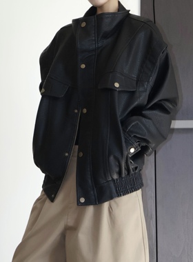 AIRROOM 小众复古宽松黑色皮衣翻领长袖机车无性别秋冬夹克外套女