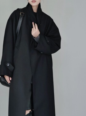 AIRROOM 黑色风衣外套女长款宽松设计感一粒扣立领大衣女