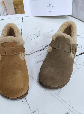 巴迪雅女鞋2024冬季新款欧洲站真皮毛毛鞋女软底时尚勃肯鞋96016