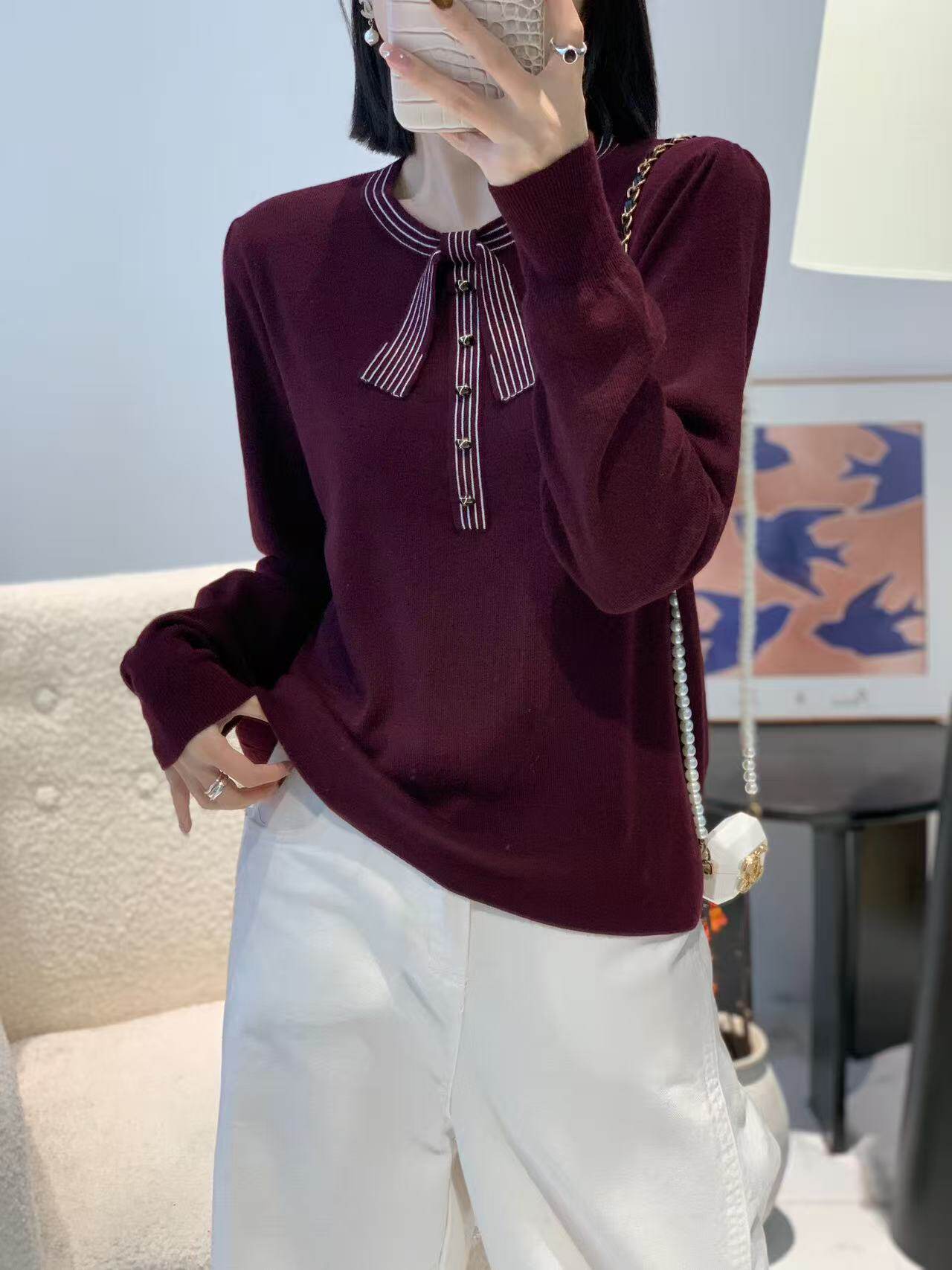 圆领条纹飘带蝴蝶结针织衫女秋冬毛针织衫