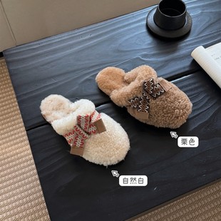 河南桑坡羊皮毛一体新款蝴蝶结羊羔毛半包拖鞋女橡胶平底秋冬外穿