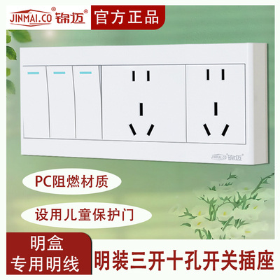 明装三开十孔单/双控10A开关插座