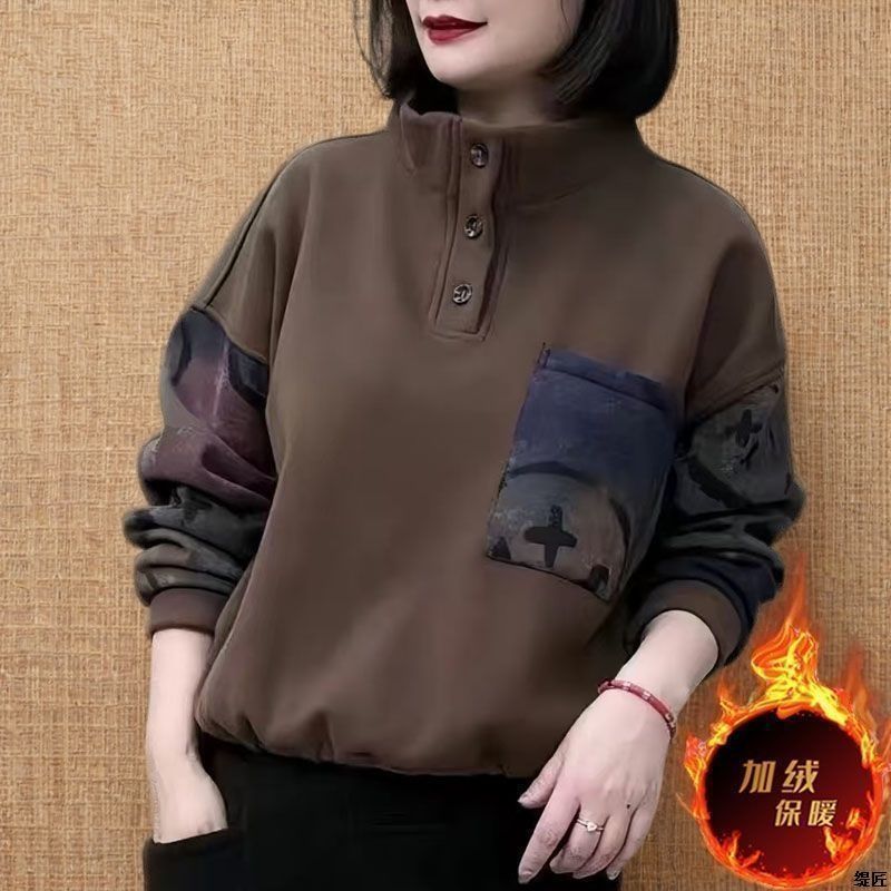 复古贴花布撞色拼接高领加绒卫衣冬季保暖加厚妈妈装宽松休闲上衣
