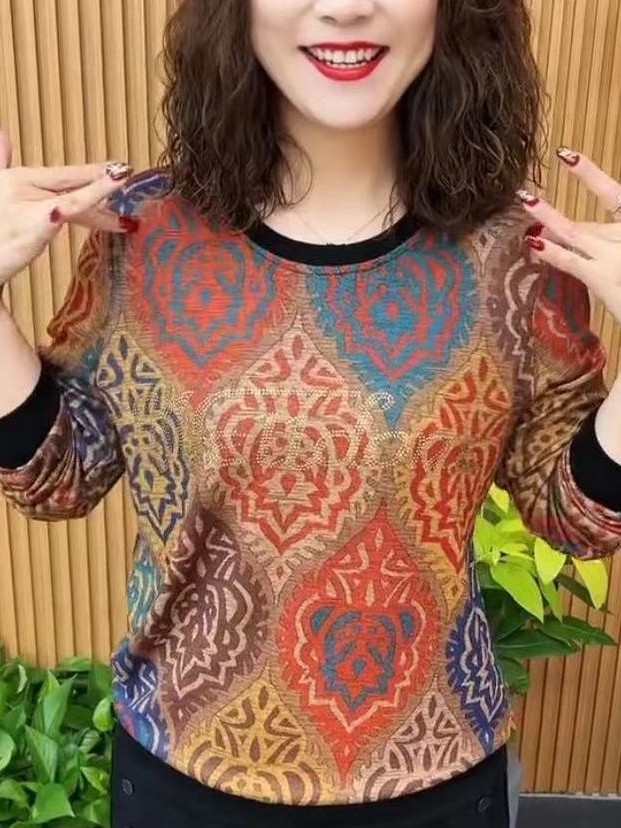 春季新款针织长袖t恤百搭上衣小衫大码遮肚中老年女装妈妈打底衫