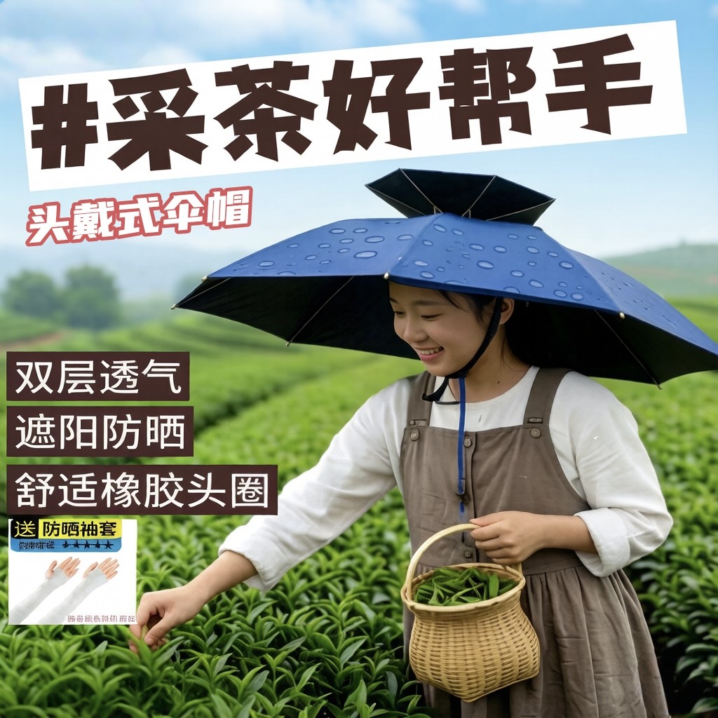 头戴式钓鱼伞帽大号1米 黑胶遮阳帽超轻透气折叠双叠男士帽伞加大