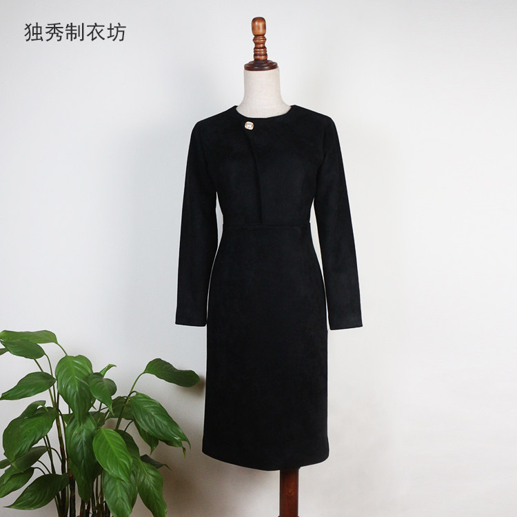 原创独秀小众连衣裙女秋冬气质名媛修身职业包臀鹿皮绒黑色裙子