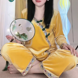 娘娘装金丝绒新中式国风家居服睡衣女大码宽松外穿居家两件套显瘦