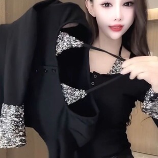 纯欲甜辣亮片拼接T恤女秋冬法式 上衣 紧身独特挂脖假两件露肩长袖