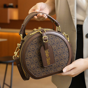 真皮小圆包包女2025新款 印花单肩斜挎包苹果包圆饼女包 高级感时尚