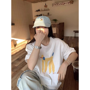 宽松型男女通用小狗印花短袖 百搭上衣 T恤女白色宽松慵懒风韩版