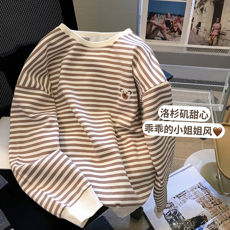 套头美式复古条纹小熊圆领卫衣女长袖宽松上衣外穿T恤保暖学院风