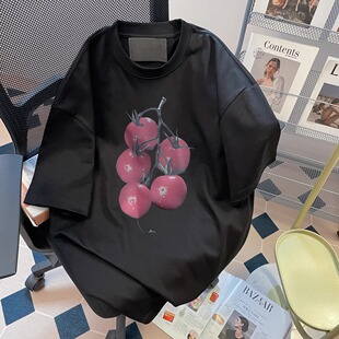 黑色美式设计感番茄印花短袖t恤女夏宽松女大童初中高中学生15岁