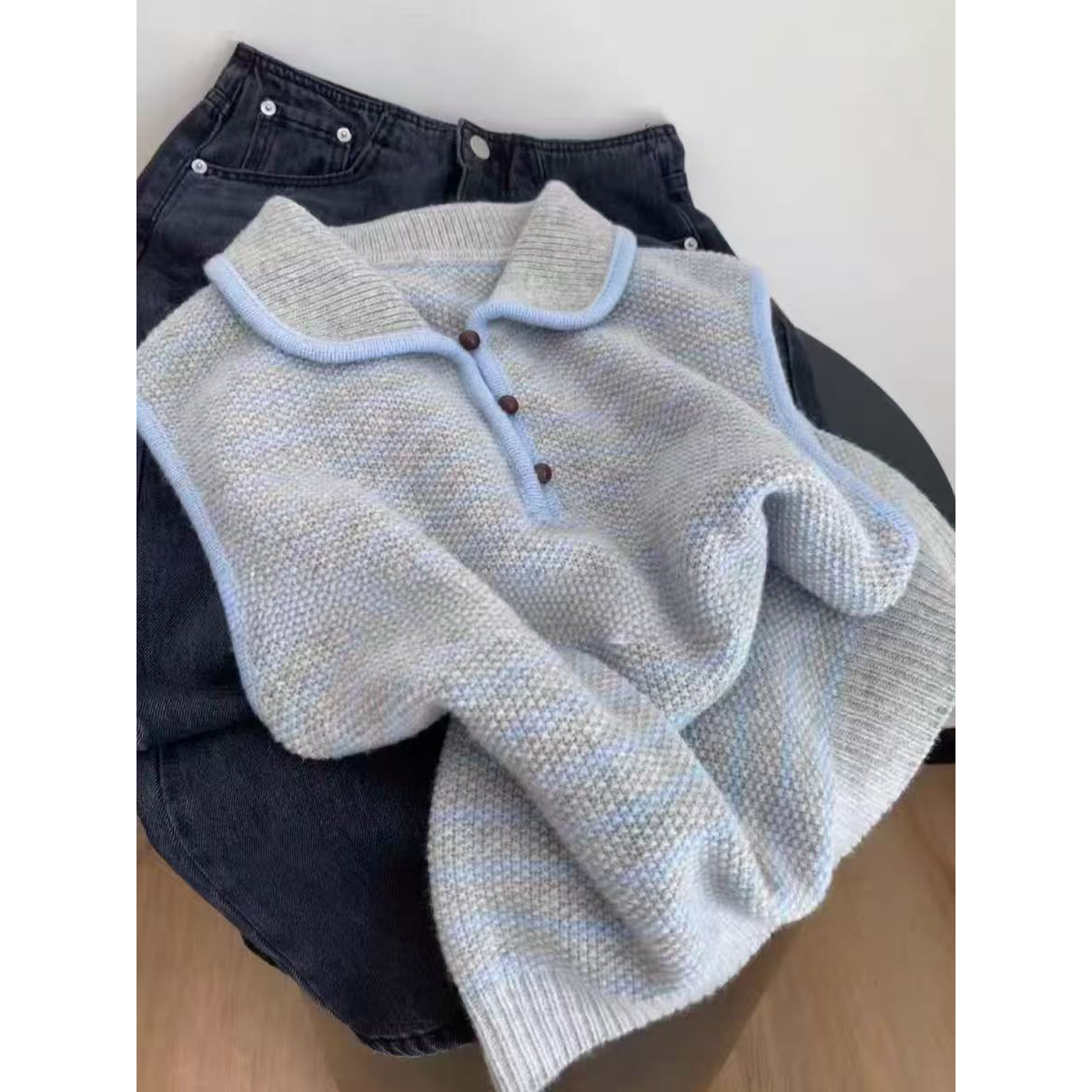 原单外贸出口尾单早秋慵懒感韩系风蓝白条纹针织马甲背心女装上衣