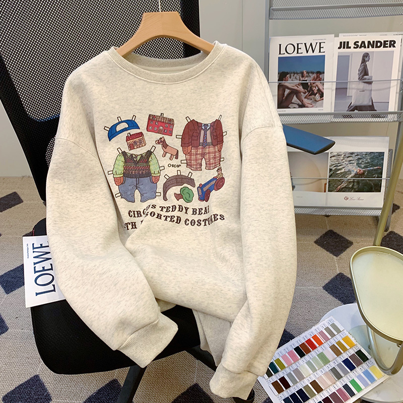 套头卡通风印花卫衣女长袖圆领休闲小众高级感上衣男女同款情侣装