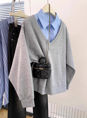 Polo领假两件灰色卫衣女装春秋款穿搭上衣蓝色拼接撞色设计感t恤