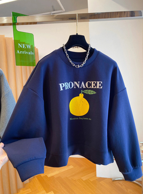 外贸原单尾货大牌卡通字母印花卫衣女男宽松百搭减龄套头上衣蓝色