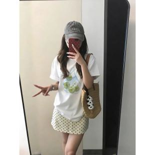 宽松显瘦百搭设计感小众上衣 T恤女夏季 休闲创意韩版 白色印花短袖