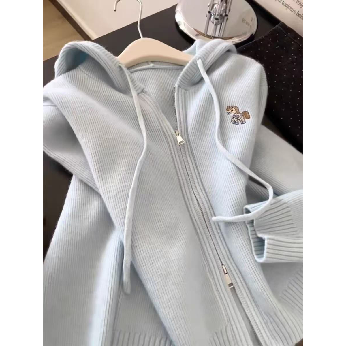 韩系连帽针织开衫外套女春秋2025新款高级感拉链早秋穿搭拉链上衣