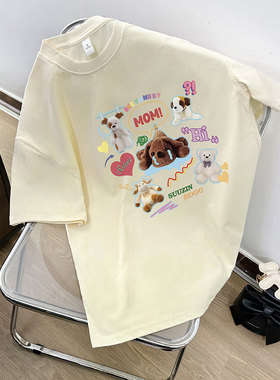 奶黄色潮牌复古印花短袖t恤女夏季新款宽松oversize纯棉半袖上衣